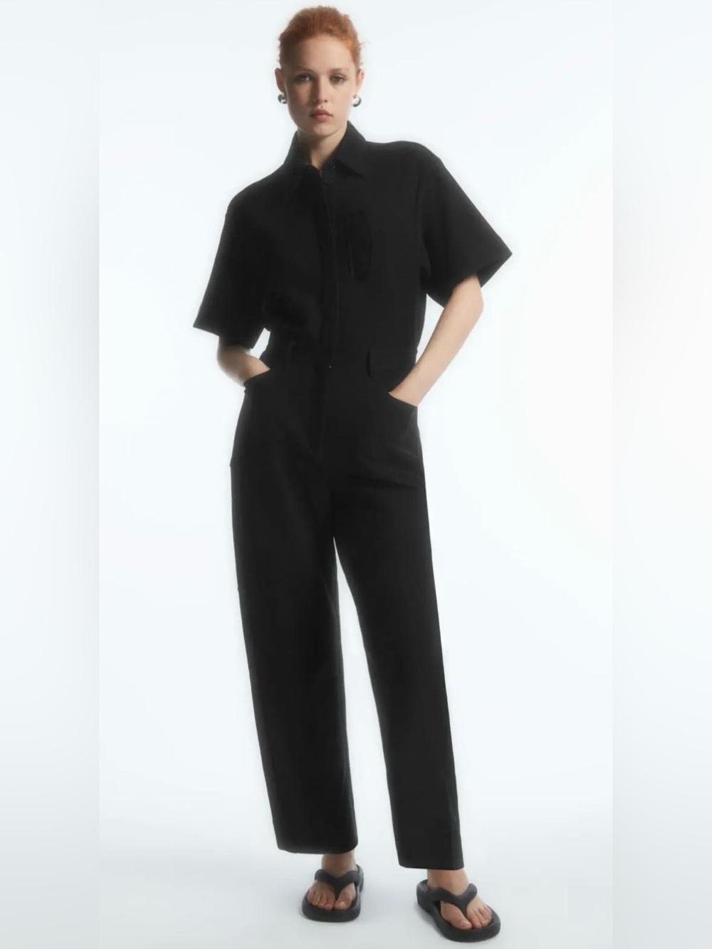 NWOT COS Utility Black Short-Sleeve Jumpsuit 100% Cotton size Large
